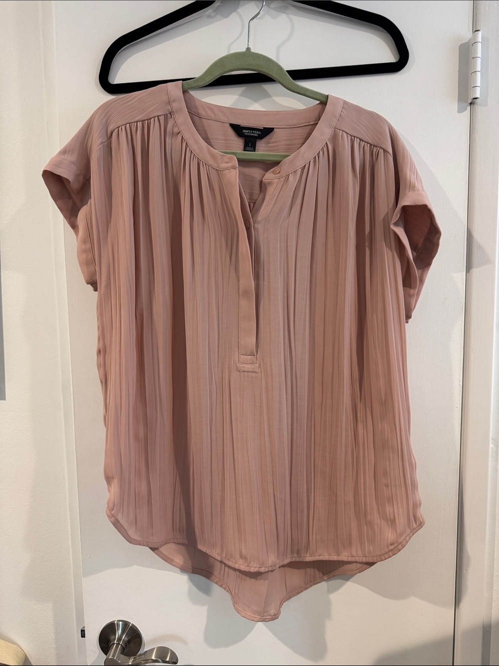 Vera Wang Pleated Short-Sleeve Blouse - Dusty Rose Large